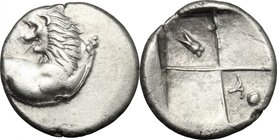Continental Greece. Thrace, Chersonesos. AR Hemidrachm, 386-338 BC. D/ Forepart of lion right, head turned back. R/ Incuse square with four fields; in...