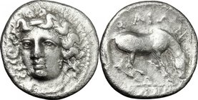 Continental Greece. Thessaly, Larissa. AR Drachm, 356-342 BC. D/ Head of nymph Larissa facing slightly left. R/ Horse grazing right, preparing to lie ...