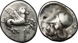 Continental Greece. Epeiros, Ambrakia. AR Stater, 426-404 BC. D/ Pegasus flying right; below, A. R/ Head of Athena left, wearing Corinthian helmet; be...