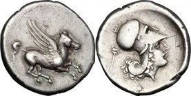 Continental Greece. Akarnania, Leukas. AR Stater, 400-330 BC. D/ Pegasus flying right. R/ Head of Athena right wearing Corinthian helmet; behind, kery...