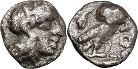 Continental Greece. Attica, Athens. AR Hemiobol, 450-420 BC. D/ Head of Athena right, helmeted. R/ Owl standing right; behind, pellet. SNG Cop. 59. AR...