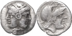 Greek Asia. Mysia, Lampsakos. AR Diobol, 4th century BC. D/ Janiform female head. R/ Head of Athena right, wearing Corinthian helmet. SNG Cop. 189-192...