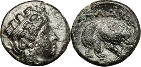 Greek Asia. Mysia, Plakia. AE 11mm, c. 400 BC. D/ Head of Cybele right, turreted. R/ Lion standing right, devouring prey; below, grain-ear. SNG Cop. 5...