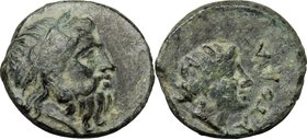 Greek Asia. Aeolis, Autokane. AE 11mm, 350-300 BC. D/ Head of Zeus right, laureate. R/ Head of Dionysos right, wearing ivy-wreath. SNG Ashmolean 1259....