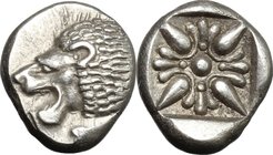 Greek Asia. Ionia, Miletos. AR Obol, 525-475 BC. D/ Head of lion left. R/ Star-like floral ornament in incuse square. SNG Kayhan 476-481. AR. g. 1.29 ...