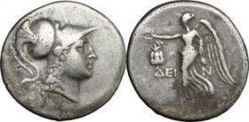 Greek Asia. Pamphylia, Side. AR Tetradrachm, c. 200-190 BC. D/ Head of Athena right, helmeted. R/ Nike advancing left, holding wreath; to left, pomegr...