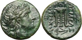 Greek Asia. Seleucid Kingdom. Antiochos II Theos (286-246 BC). AE 16mm, 261-246 BC. D/ Head of Apollo right, laureate. R/ Tripod; below, anchor. SC 59...