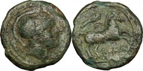 Anonymous. AE Litra, 230-226 BC. D/ Head of Mars right, helmeted; behind, club. R/ Horse galloping right; above, club. Cr. 27/2. HN Italy 315. AE. g. ...