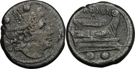 Semilibral series. AE Sextans, 217-215 BC. D/ Head of Mercury right, wearing winged petasus; above, two pellets. R/ Prow right; below, two pellets. Cr...