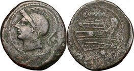 Semilibral series. AE Uncia, 217-215 BC. D/ Head of Roma left, helmeted; behind, pellet. R/ Prow right; below, pellet. Cr. 38/6. AE. g. 10.98 mm. 26.0...