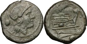 Post-semilibral series. AE Uncia, 215-212 BC. D/ Head of Roma right, helmeted; behind, pellet. R/ Prow right; below, pellet. Cr. 41/10. AE. g. 6.42 mm...