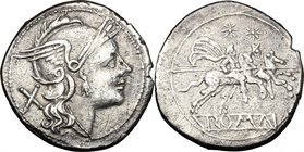 AR Denarius, 214-213 BC. D/ Head of Roma right, helmeted. R/ Dioscuri galloping right. Cr. 44/5. AR. g. 4.23 mm. 21.00 About VF.
