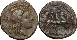 Anonymous. AR Quinarius, 211 BC. D/ Head of Roma right, helmeted. R/ The Dioscuri galloping right. Cr. 44/6. AR. g. 1.98 mm. 16.00 Old cabinet tone. G...