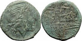 Sextantal series. AE Semis, after 211 BC. D/ Head of Saturn right, laureate; behind, S. R/ Prow right; above, S. Cr. 56/3. AE. g. 17.25 mm. 28.00 Gree...