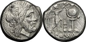 Club series. AR Victoriatus, South East Italy, 208 BC. D/ Head of Jupiter right, laureate. R/ Victory standing right, crowning trophy; in field, club....