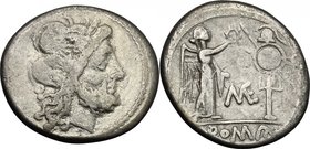 Caecilius Metellus. AR Victoriatus, 194-190 BC. D/ Head of Jupiter right, laureate. R/ Victoria standing right, crowning trophy; between, ME monogram....