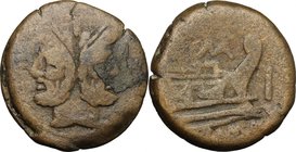 MA series. AE As, 199-170 BC. D/ Head of Janus, laureate. R/ Prow right; above, MA. Cr. 172/2. AE. g. 30.70 mm. 33.00 RRR. Extremely rare. Few specime...