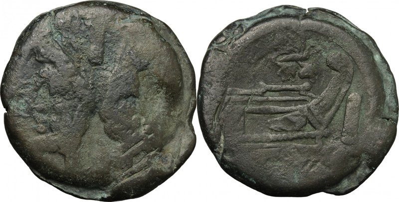 Butterfly and vine branch series (?). AE As, 169-158 BC. D/ Head of Janus, laure...