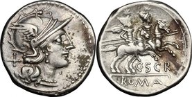 Repubblica Romana. C. Scribonius. AR Denarius, 154 BC. D/ Head of Roma right, helmeted. R/ Dioscuri riding right; holding spear. Cr. 201/1. AR. g. 3.6...