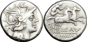 L. Saufeius. AR Denarius, 152 BC. D/ Head of Roma right, helmeted. R/ Victoria in biga right; holding reins and whip. Cr. 204/1. AR. g. 4.08 mm. 17.00...