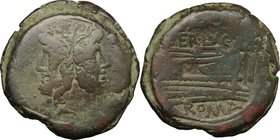 C. Terentius Lucanus. AE As, 147 BC. D/ Head of Janus, laureate. R/ Prow right; above, Victory holding wreath. Cr. 217/2. AE. g. 31.53 mm. 33.50 Green...