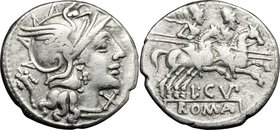 L. Cupiennius. AR Denarius, 147 BC. D/ Head of Roma right, helmeted; behind, cornucopiae. R/ Dioscuri galloping right. Cr. 218/1. AR. g. 3.14 mm. 18.5...