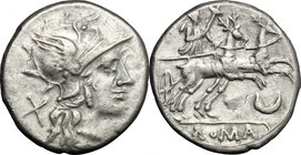 Anonymous. AR Denarius, 143 BC. D/ Head of Roma right, helmeted. R/ Diana in biga of stags right; holding reins and torch; below, crescent. Cr. 222/1....