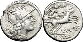 C. Valerius Flaccus. AR Denarius, 140 BC. D/ Head of Roma right, helmeted. R/ Victoria in biga right; holding reins and whip. Cr. 228/2. AR. g. 4.00 m...