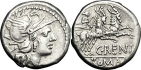 C. Renius. AR Denarius, 138 BC. D/ Head of Roma right, helmeted. R/ Juno Sospita in biga of goats right; holding reins, sceptre and whip. Cr. 231/1. A...