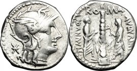T. Minucius. AR Denarius, 134 BC. D/ Head of Roma right, helmeted. R/ Spiral column; on top, statue; to left, togate figure with left foot on modius h...