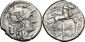 M. Marcius Mn. f. AR Denarius, 134 BC. D/ Head of Roma right, helmeted; behind, modius. R/ Victoria in biga right; holding reins and whip; below, corn...