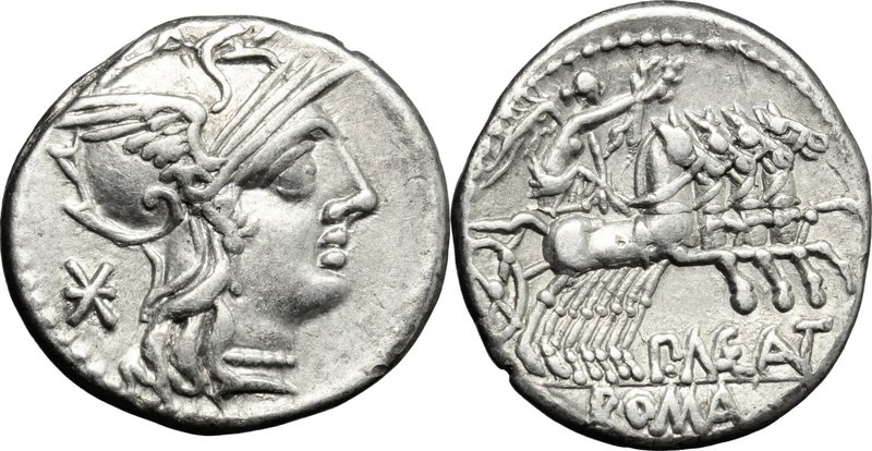 P. Maenius Antias. AR Denarius, 132 BC. D/ Head of Roma right, helmeted. R/ Vict...