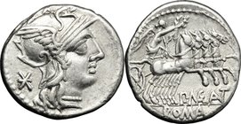 P. Maenius Antias. AR Denarius, 132 BC. D/ Head of Roma right, helmeted. R/ Victoria in quadriga right; holding reins, palm and wreath. Cr. 249/1. AR....