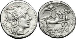 M. Aburius M.f. Geminus. AR Denarius, uncertain mint, 132 BC. D/ Head of Roma right, helmeted. R/ Sol in quadriga right; holding reins and whip. Cr. 2...