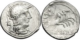 L. Postumius Albinus. AR Denarius, 131 BC. D/ Head of Roma right, helmeted; behind, apex. R/ Mars in quadriga right; holding spear, shield, reins and ...