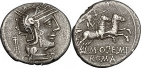 M. Opimius. AR Denarius, 131 BC. D/ Head of Roma right, helmeted; behind, tripod. R/ Apollo in biga right, holding bow, arrow and reins and over shoul...