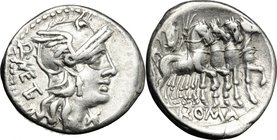 Q. Caecilius Metellus. AR Denarius, 130 BC. D/ Head of Roma right, helmeted. R/ Jupiter in quadriga right; holding reins, thunderbolt and branch. Cr. ...