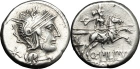 Q. Marcius Philippus. AR Denarius, 129 BC. D/ Head of Roma right, helmeted. R/ Horseman galloping right; holding reins and spear; behind, helmet with ...