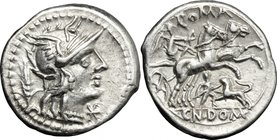 Cn. Domitius. AR Denarius, 128 BC. D/ Head of Roma right, helmeted; behind, corn-ear. R/ Victoria in biga right; holding reins and whip; below, man fi...