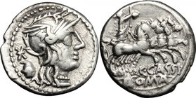 C. Cassius. AR Denarius, 126 BC. D/ Head of Roma right, helmeted; behind, amphora. R/ Libertas in quadriga right; holding reins, rod and pileus. Cr. 2...