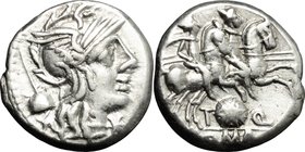 T. Quinctius Flamininus. AR Denarius, 126 BC. D/ Head of Roma right, helmeted; behind, apex. R/ Dioscuri galloping right; below, Macedonian shield. Cr...