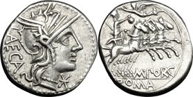 M. Porcius Laeca. AR Denarius, 125 BC. D/ Head of Roma right, helmeted. R/ Libertas in quadriga right; crowned by flying Victoria; holding reins, rod ...