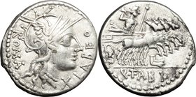 Q. Fabius Labeo. AR Denarius, 124 BC. D/ Head of Roma right, helmeted. R/ Jupiter in quadriga right; holding sceptre and reins; hurling thunderbolt; b...