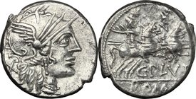 C. Plutius. AR Denarius, 121 BC. D/ Head of Roma right, helmeted. R/ The Dioscuri galloping right. Cr. 278/1. AR. g. 3.84 mm. 18.00 VF.
