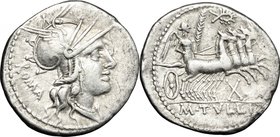 M. Tullius. AR Denarius, 120 BC. D/ Head of Roma right, helmeted. R/ Victoria in quadriga right; holding reins and palm; above, wreath. Cr. 280/1. AR....