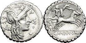 Cn. Domitius Ahenobarbus, L. Licinius Crassus, C. Malleolus. AR Denarius serratus, Narbo mint, 118 BC. D/ Head of Roma right, helmeted. R/ Gaulish war...