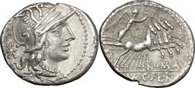 Q. Marcius. AR Denarius, 118-117 BC. D/ Head of Roma right, helmeted. R/ Victoria in quadriga right, holding reins and wreath. Cr. 283/1b. AR. g. 3.56...
