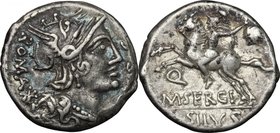 M. Sergius Silus. AR Denarius, 116-115 BC. D/ Head of Roma right, helmeted. R/ Horseman prancing left; holding sword and severed head. Cr. 286/1. AR. ...