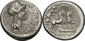 M. Cipius M. f. AR Denarius, 115-114 BC. D/ Head of Roma right, helmeted. R/ Victoria in biga right; holding reins and palm-branch. Cr. 289/1. AR. g. ...