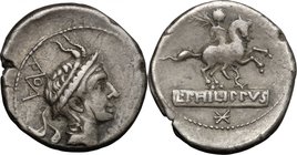 L. Marcius Philippus. AR Denarius, 113-112 BC. D/ Head of Philip V of Macedon right, wearing helmet with goat's horns. R/ Equestrian statue right. Cr....